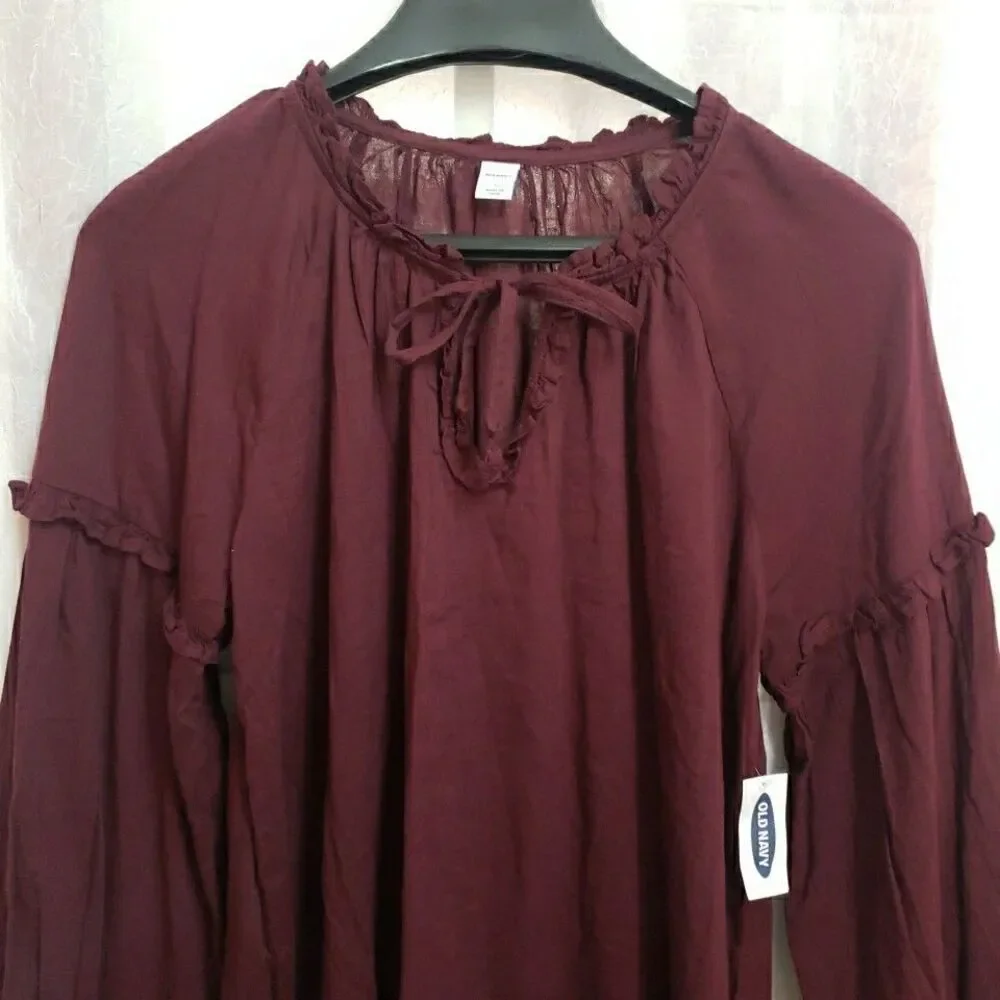 NWT Old Navy Peasant Blouse Red Maroon V-Neck Long Sleeves Women's S - Picture 2 of 9